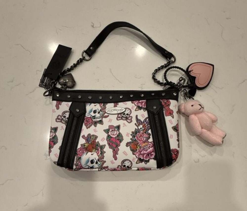 Ed Hardy Tattoo Print White Shoulder Baguette Handbag with Bear and Heart Charms